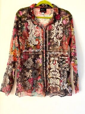Johnny Was Mazzy Sheer Button-Down Fitted Blouse in Brown and Pink